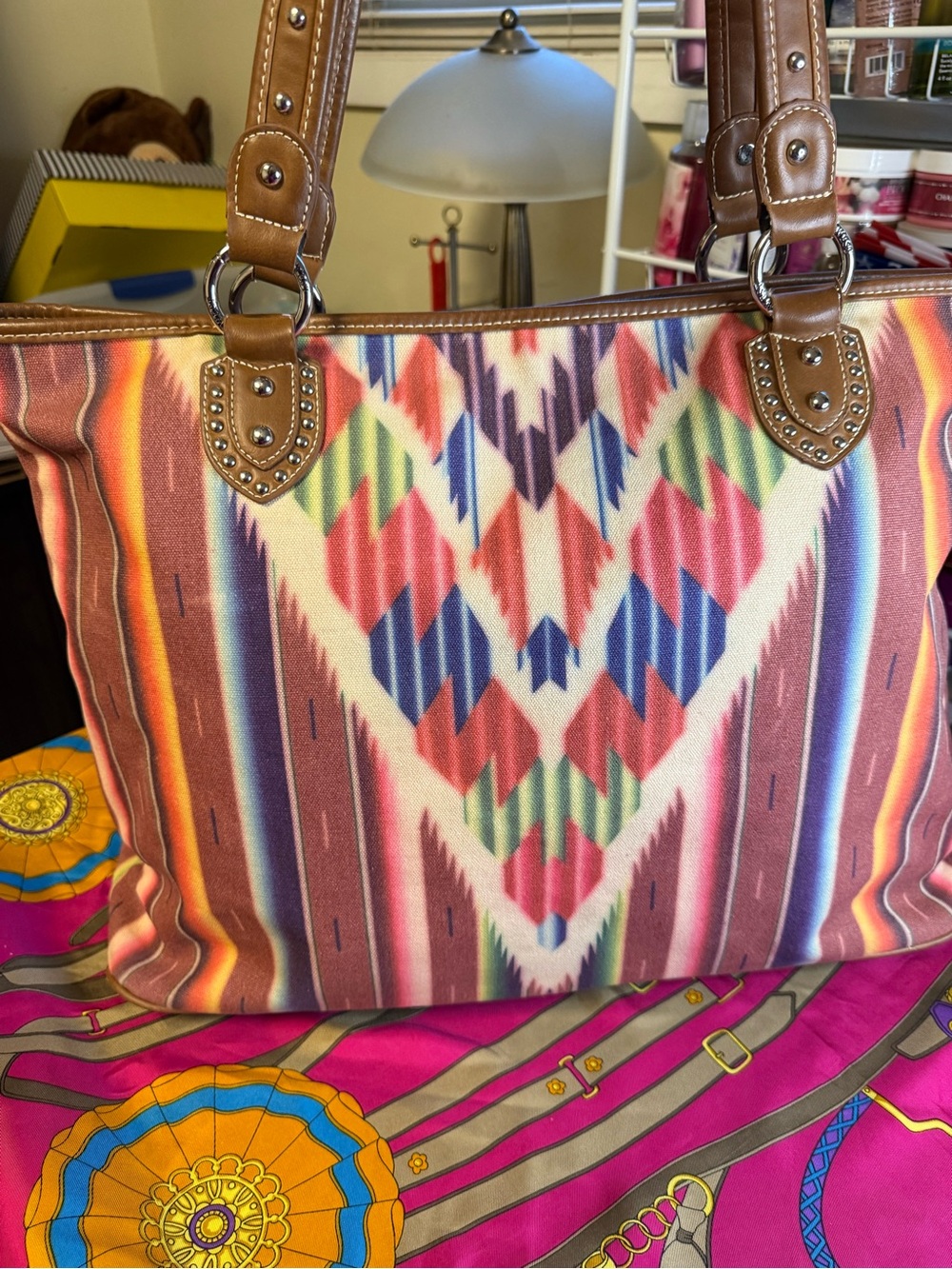 Montana West Southwestern Canvas Tote Bag | Aztec Print | Studded Shoulder Purse - Picture 3 of 15
